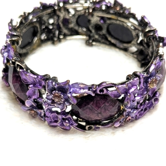 Vintage Purple Enamel Floral Bracelet w/ Pink Rhinestone Accents Wrap Bracelet - Picture 4 of 9